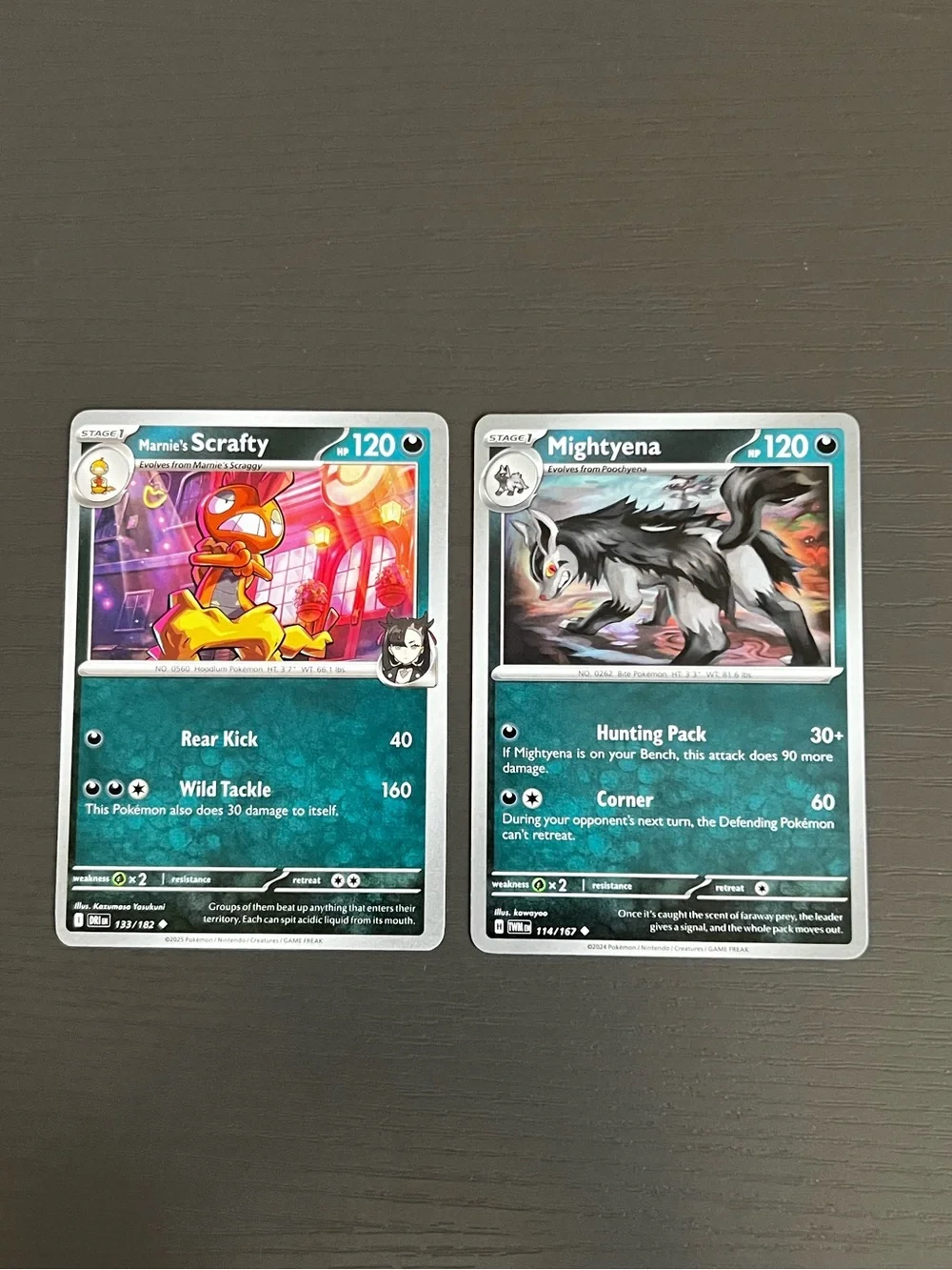 Pokémon TCG Cards. Marnie's Scrafty 133/182 HP 120 And Mightyena 114/167 HP 120